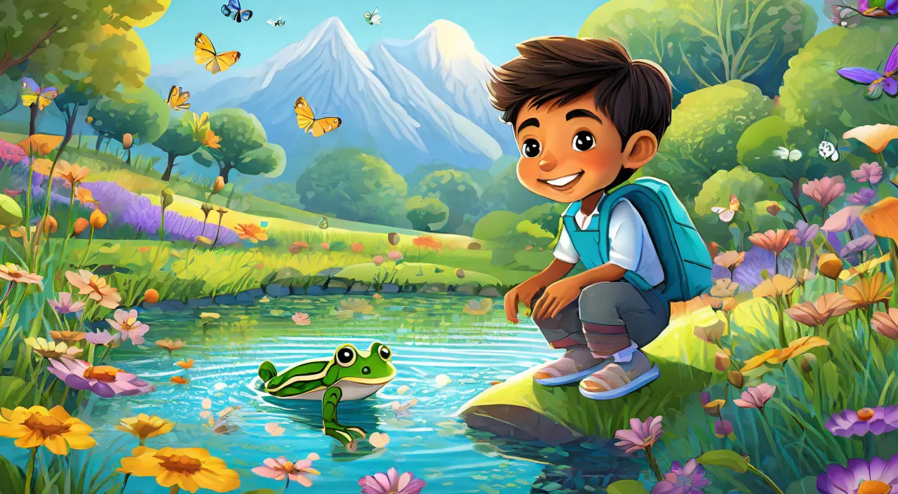 a boy and a frog in a field of flowers