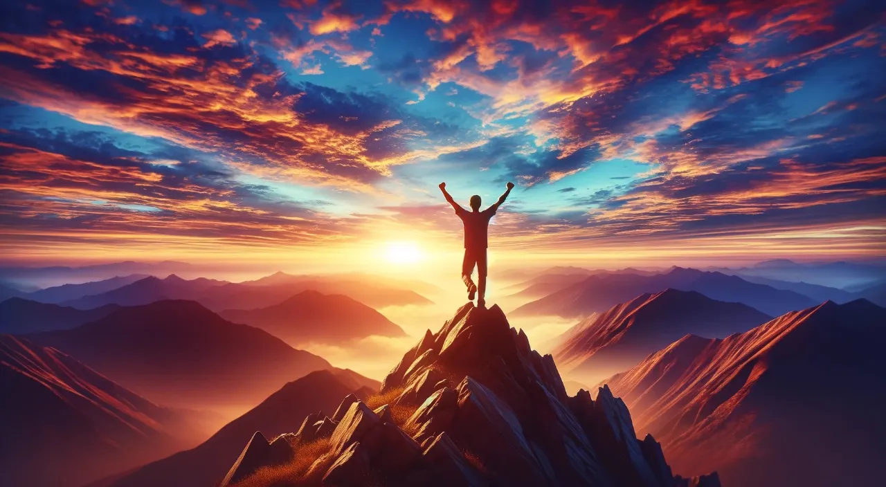 a man standing on top of a mountain with his arms in the air