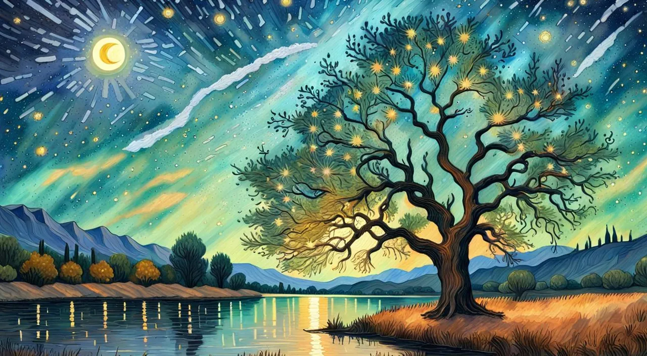 a painting of a tree with stars in the sky, no camera motion