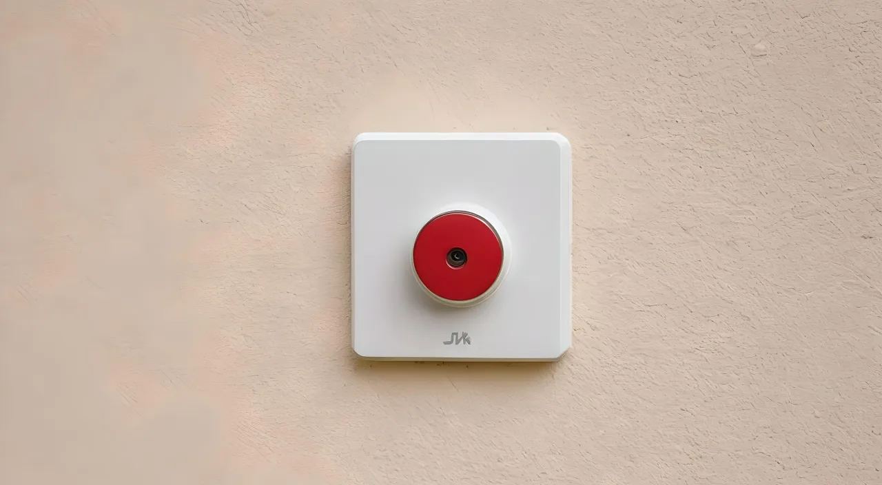 A square-shaped, red and white colored, doorbell fitted on light-beige colored wall, plain top , no knob, front surface full white, aspect ratio 16:9