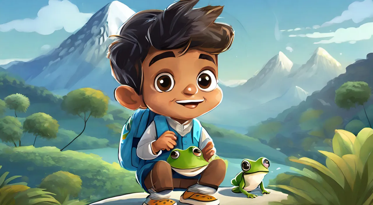 a young boy sitting on a rock next to a frog and talking to him