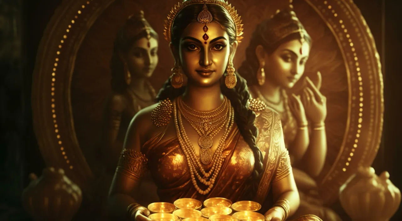 a woman holding a tray of gold coins