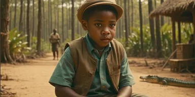 a young boy sitting on top of a wooden bench