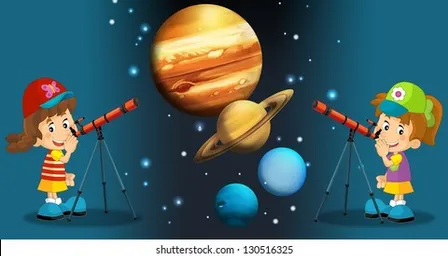 a boy and a girl looking at the planets