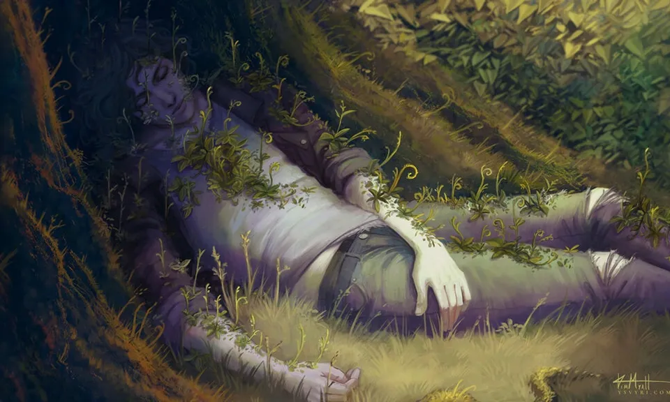 a painting of a person laying in the grass