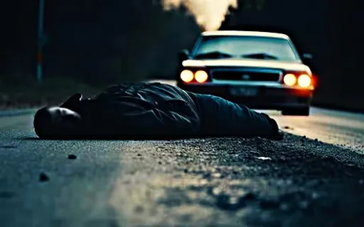 a person laying on the side of a road next to a car