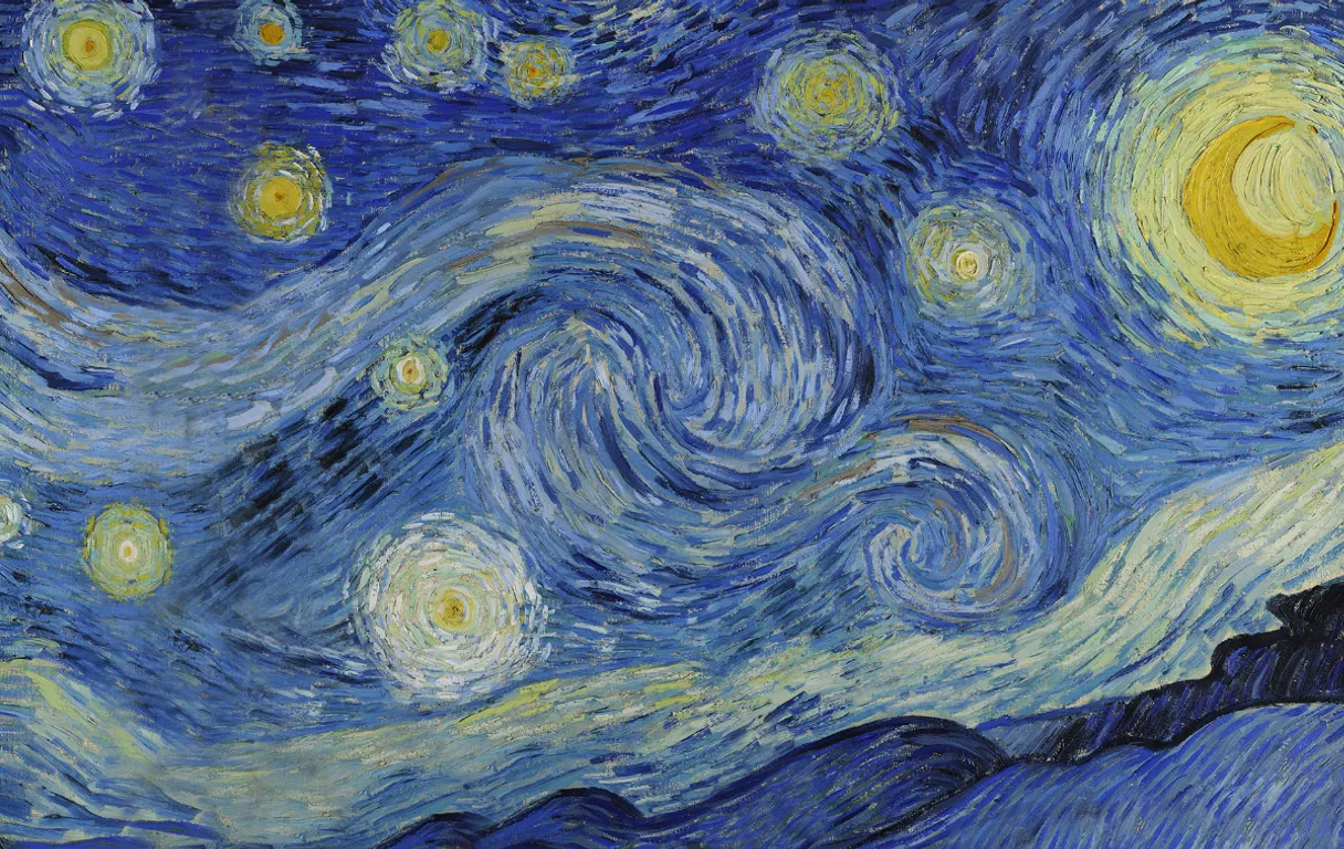a painting of a starry night with the moon in the sky