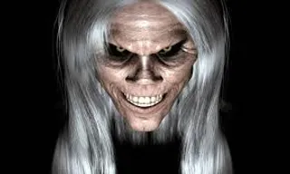 a creepy woman with long hair and white hair