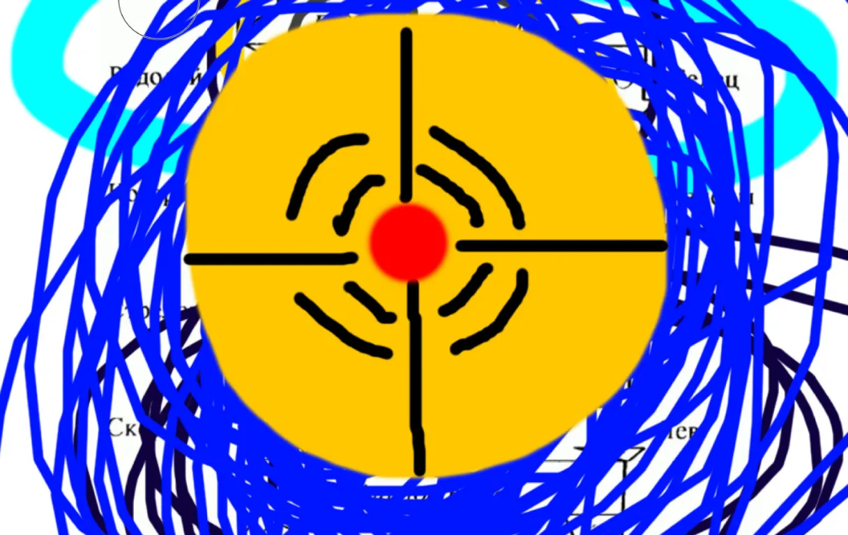 a blue and yellow circle with a red dot in the center