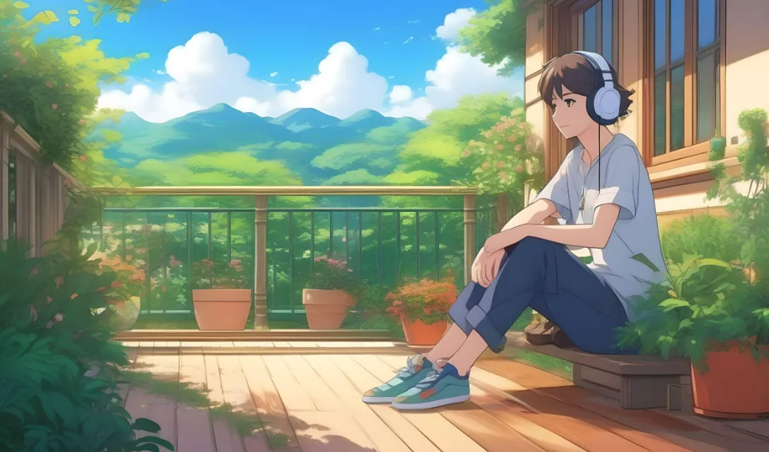 anime, person sitting on a porch with headphones on, High quality