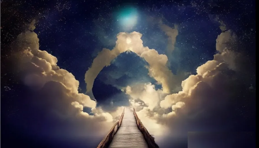 a wooden walkway leading to a sky filled with clouds