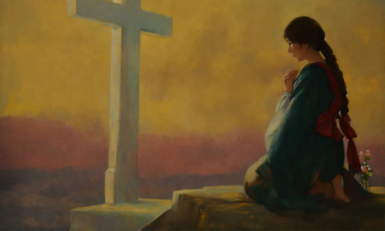 a painting of a woman kneeling in front of a cross