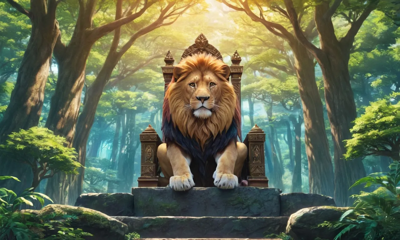 a lion sitting on a throne in the middle of a forest