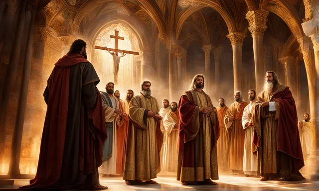 a painting of a group of men standing in front of a cross