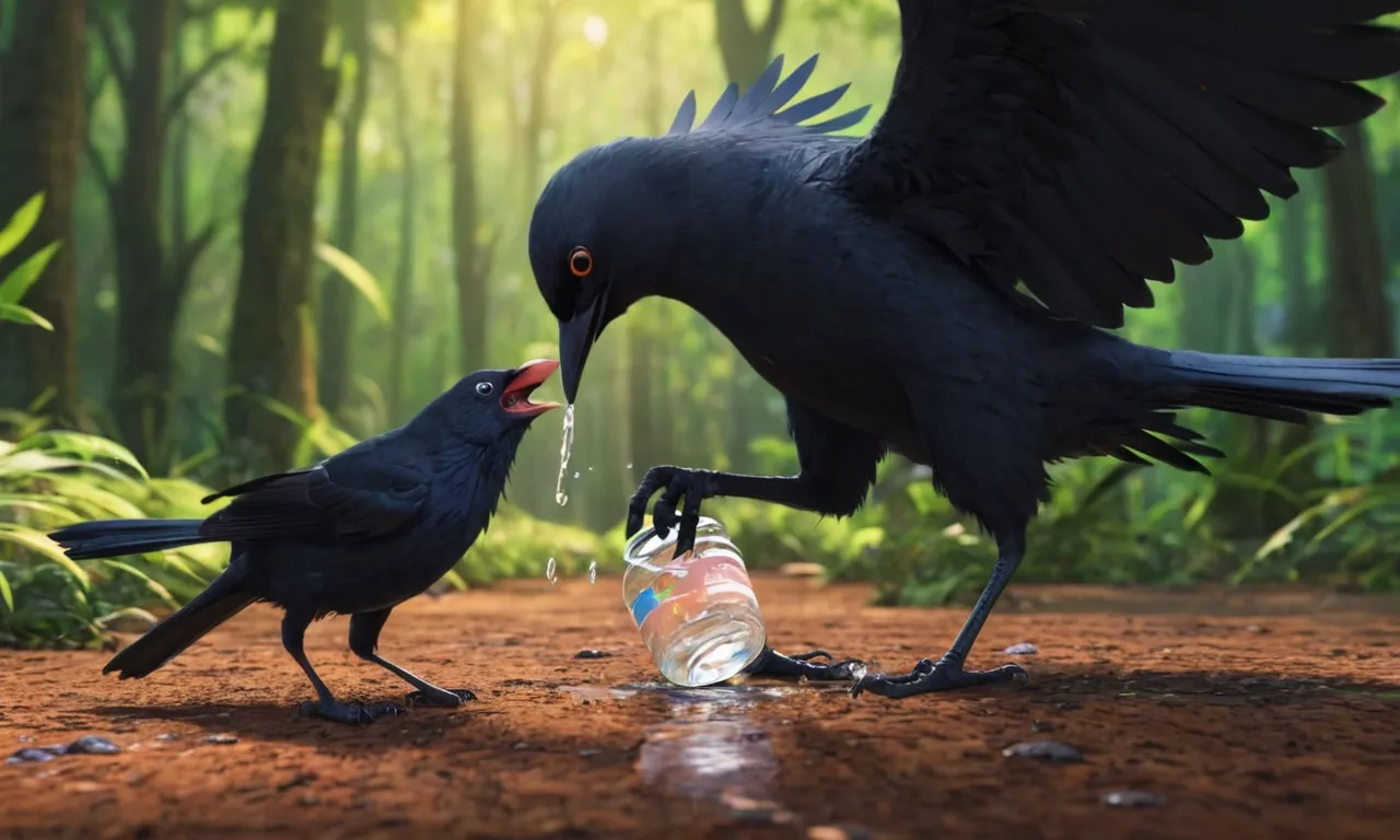 in forest black bird is giving water to one black bird on the ground