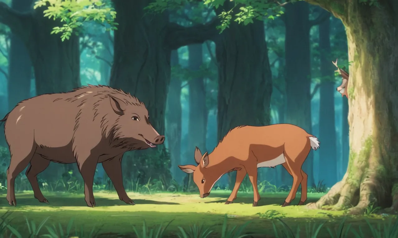 a wild boar and deer standing next to each other in a forest