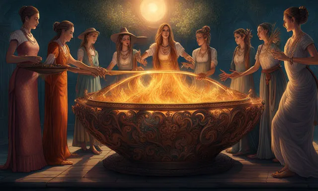 a group of women standing around a fire pit