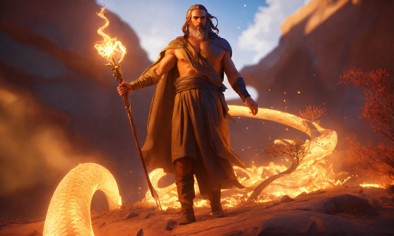 a man with a staff standing in front of a fire