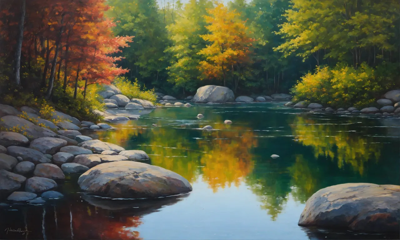 a painting of a river surrounded by trees