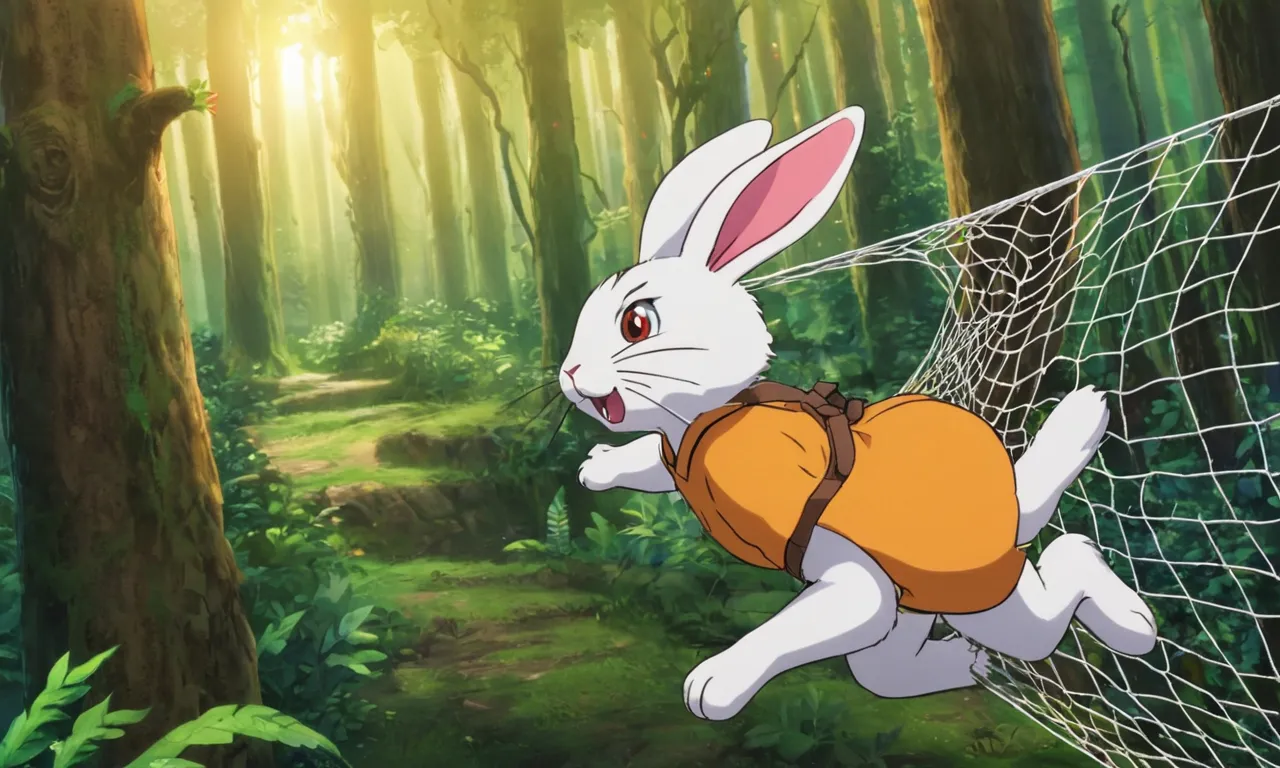 a white rabbit running across a net in a forest