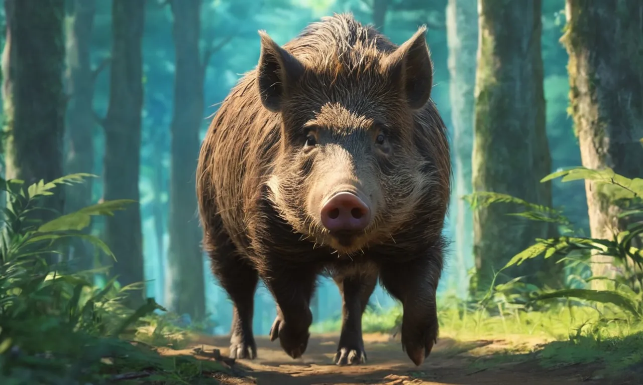 a large boar walking down a dirt road through a forest