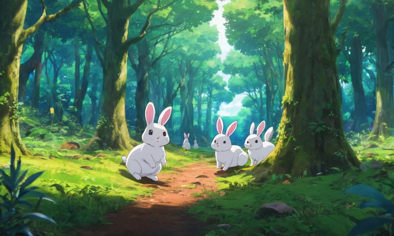 a group of rabbits walking through a forest