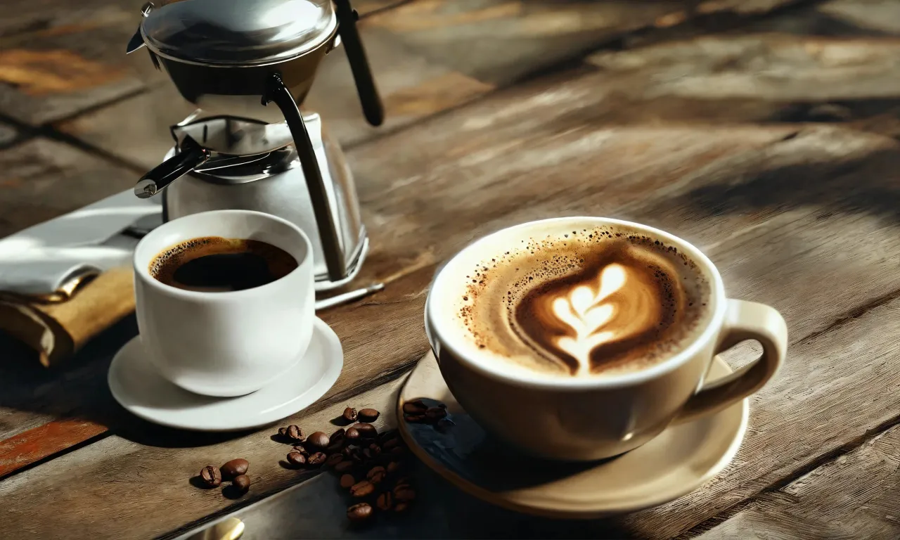 a cup of coffee on a wooden table