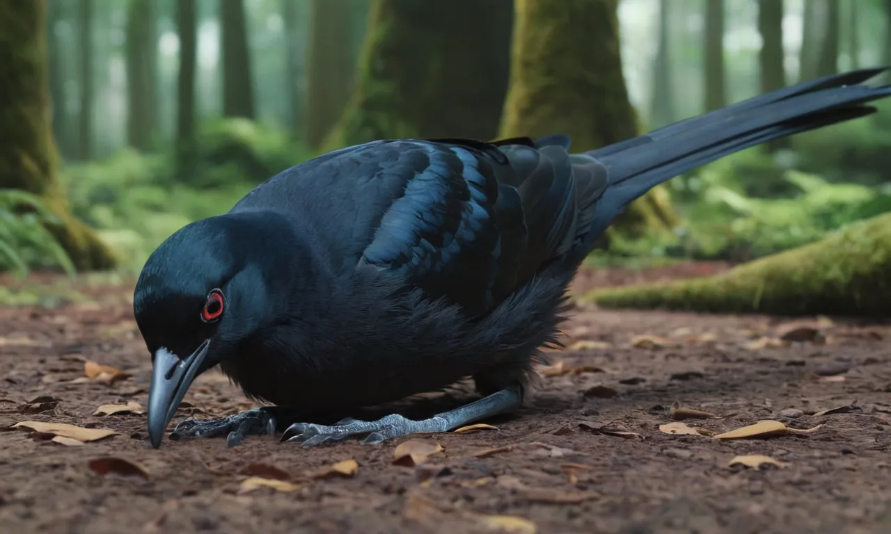 a black bird sitting on the ground in a forest