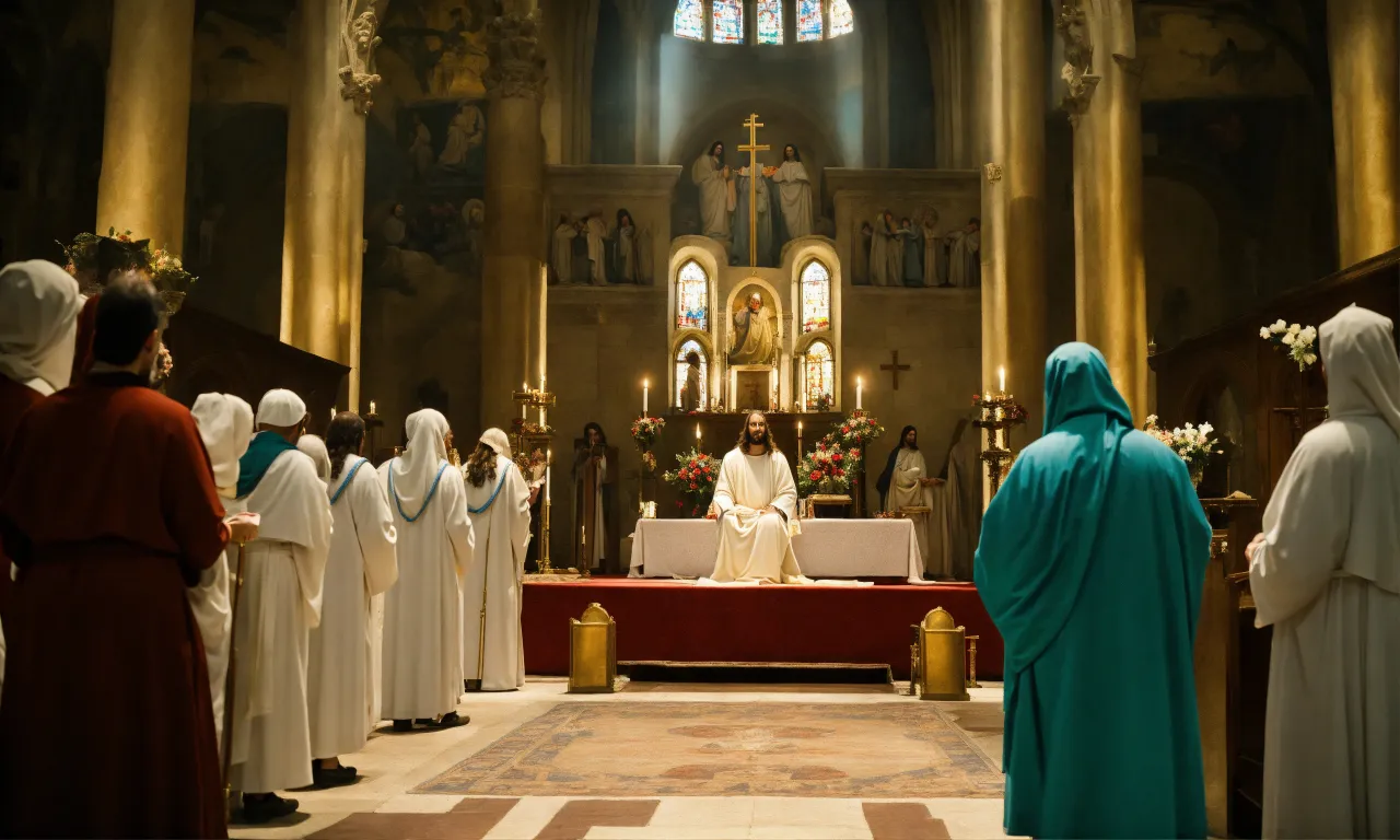 a group of people standing in front of a priest