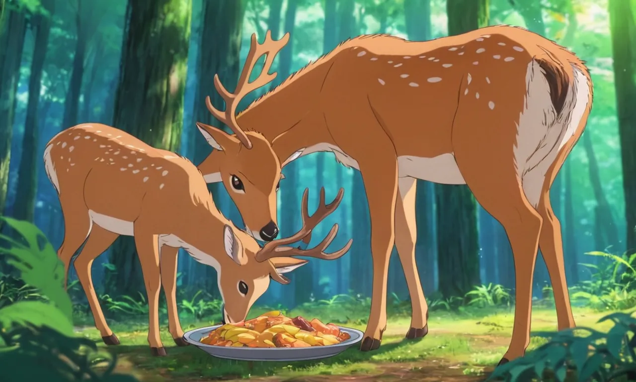 a couple of deer standing next to each other in a forest