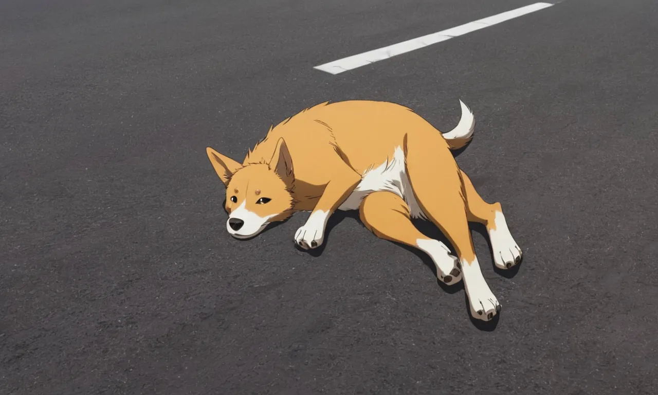 a brown and white dog laying in the middle of a parking lot