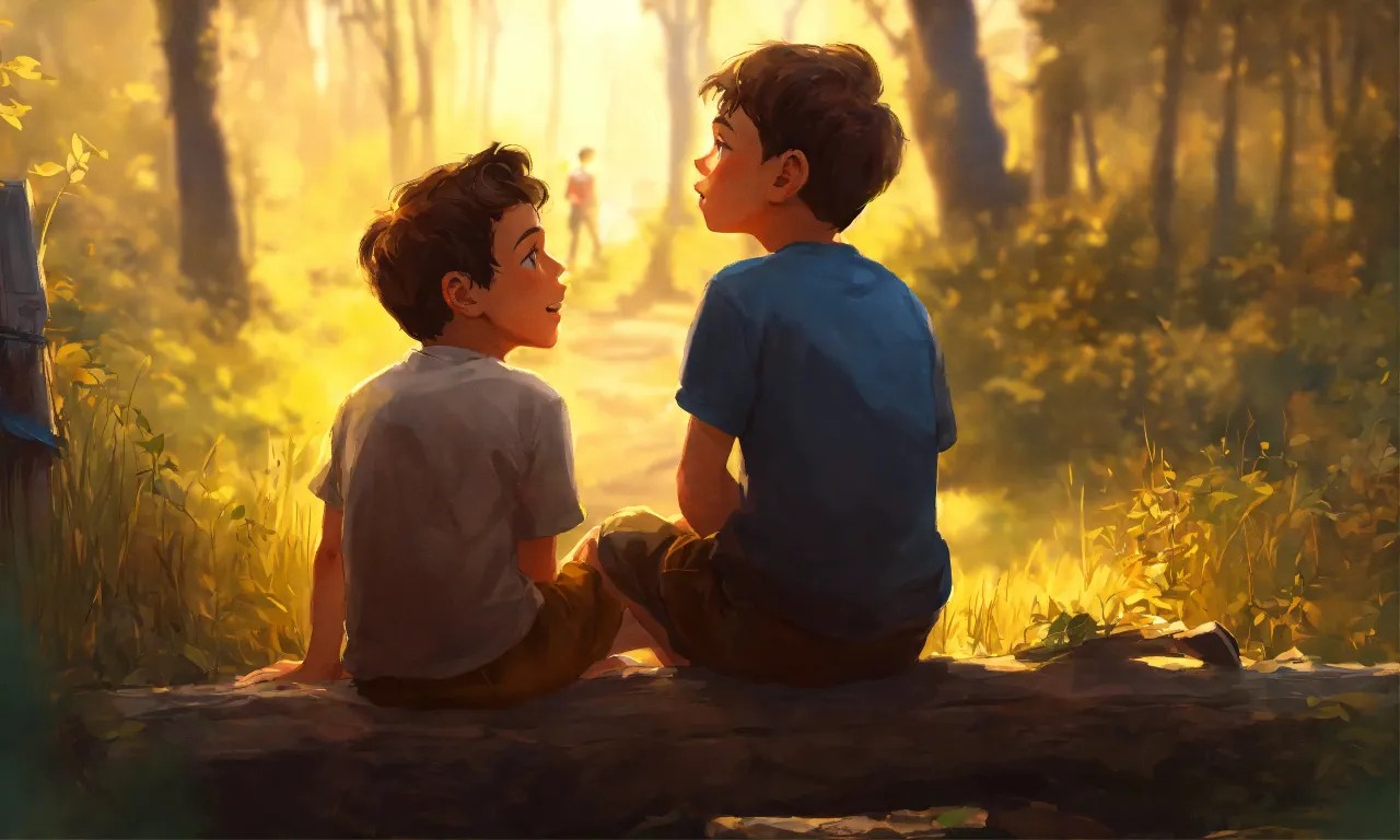 two boys sitting on a log in the woods realstic 