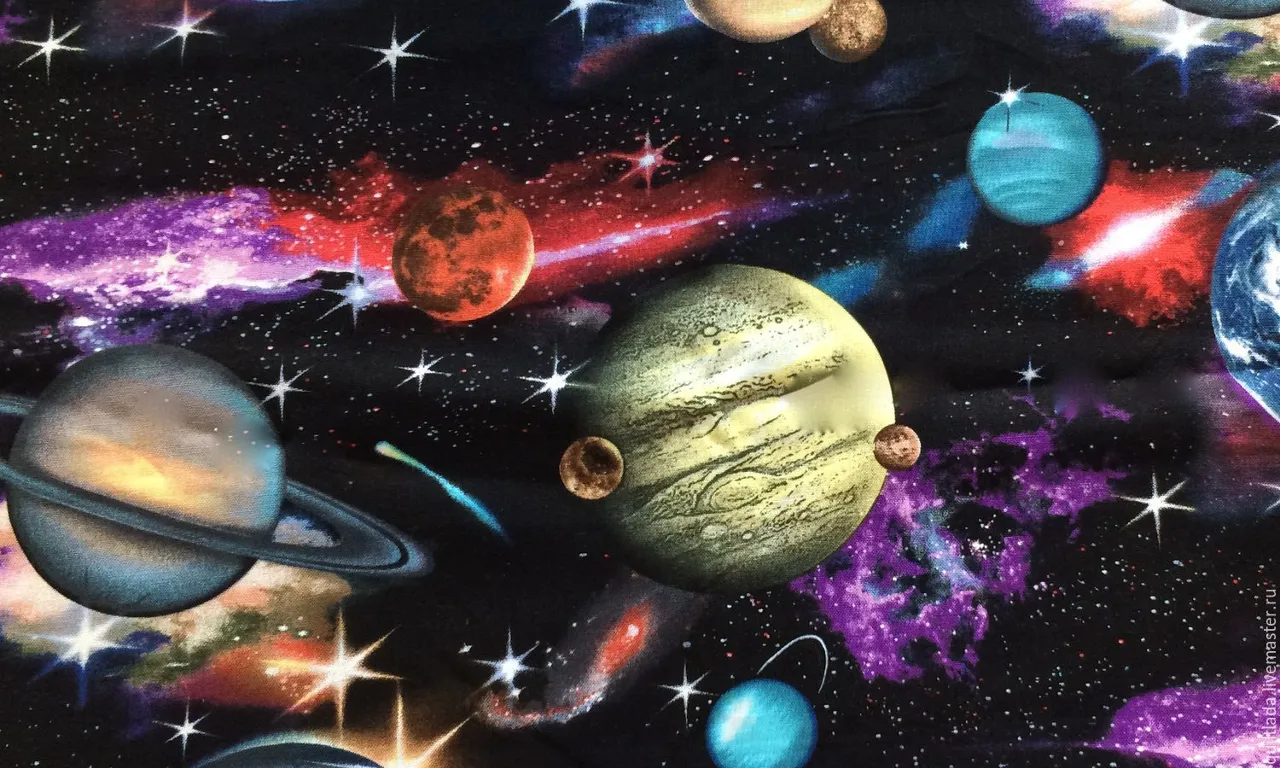 a space scene with planets and stars on a black background