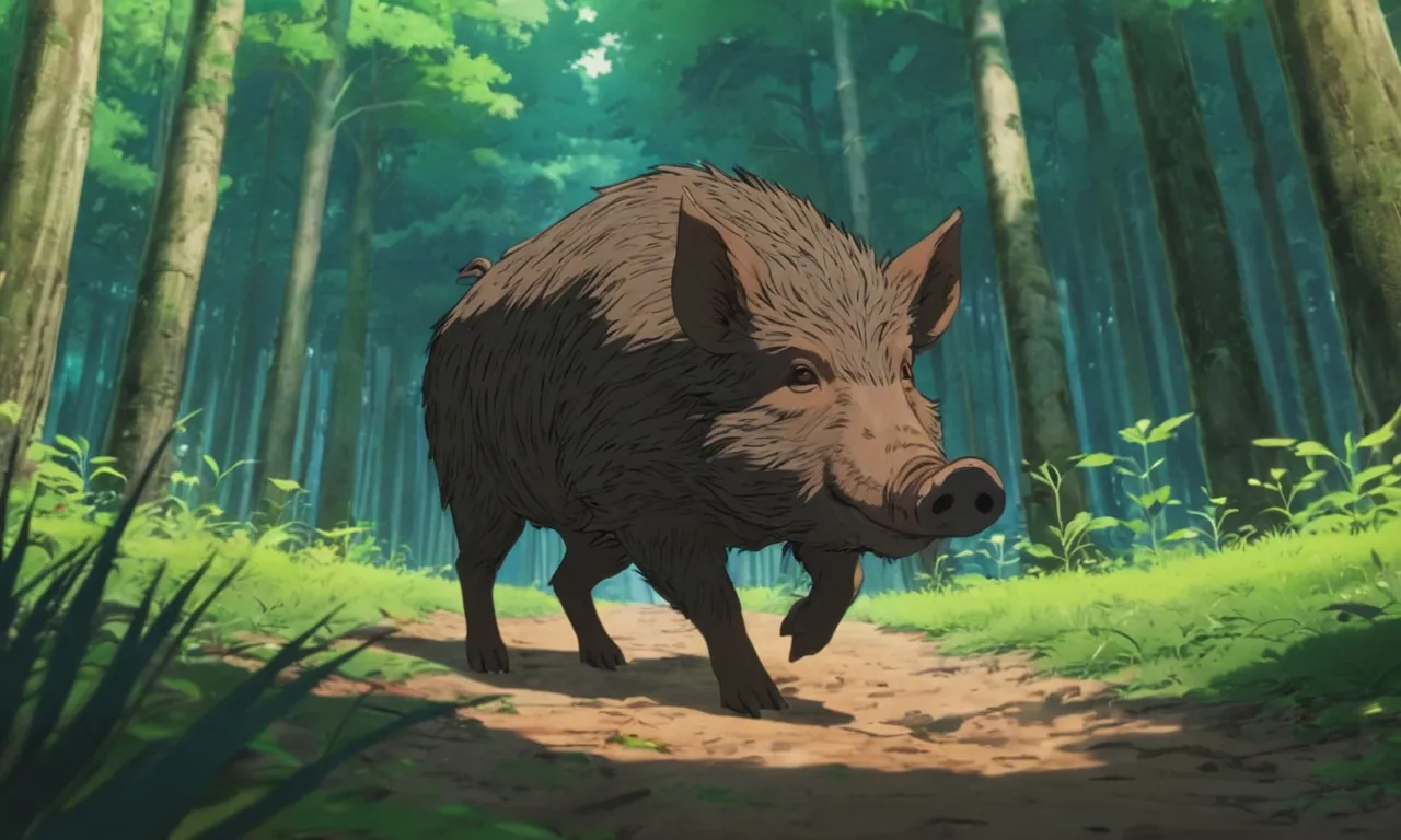 a boar walking through a forest filled with trees