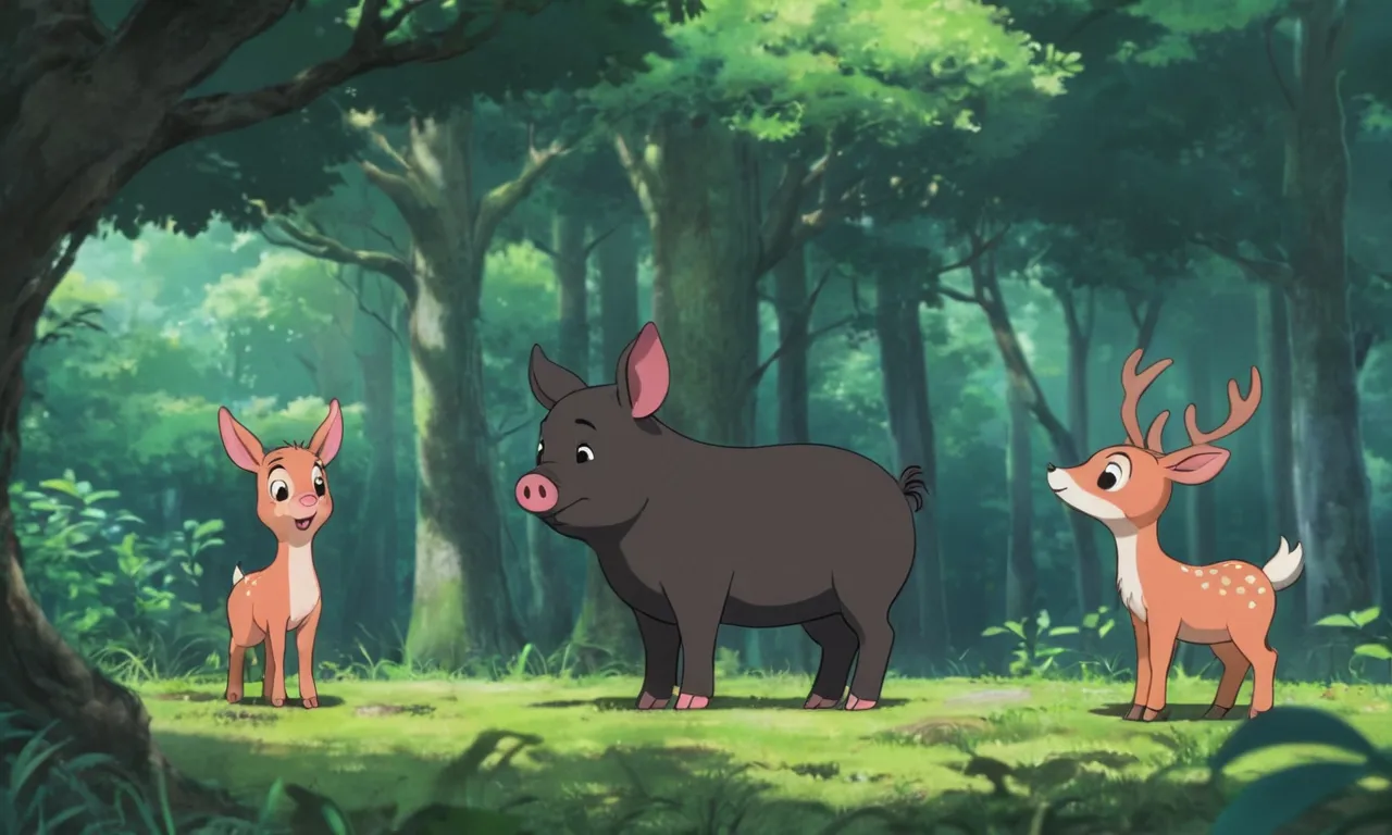 small pig and deer  of animals standing in a forest