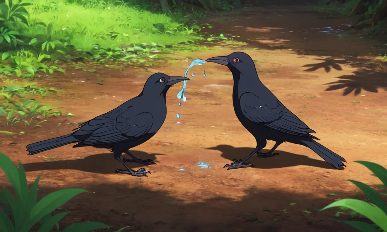 a couple of black birds standing on top of a dirt field