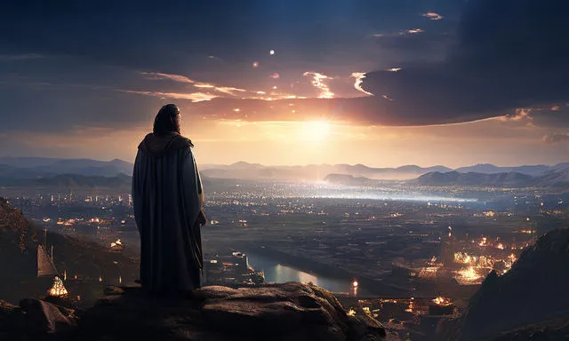 a man standing on top of a mountain overlooking a city