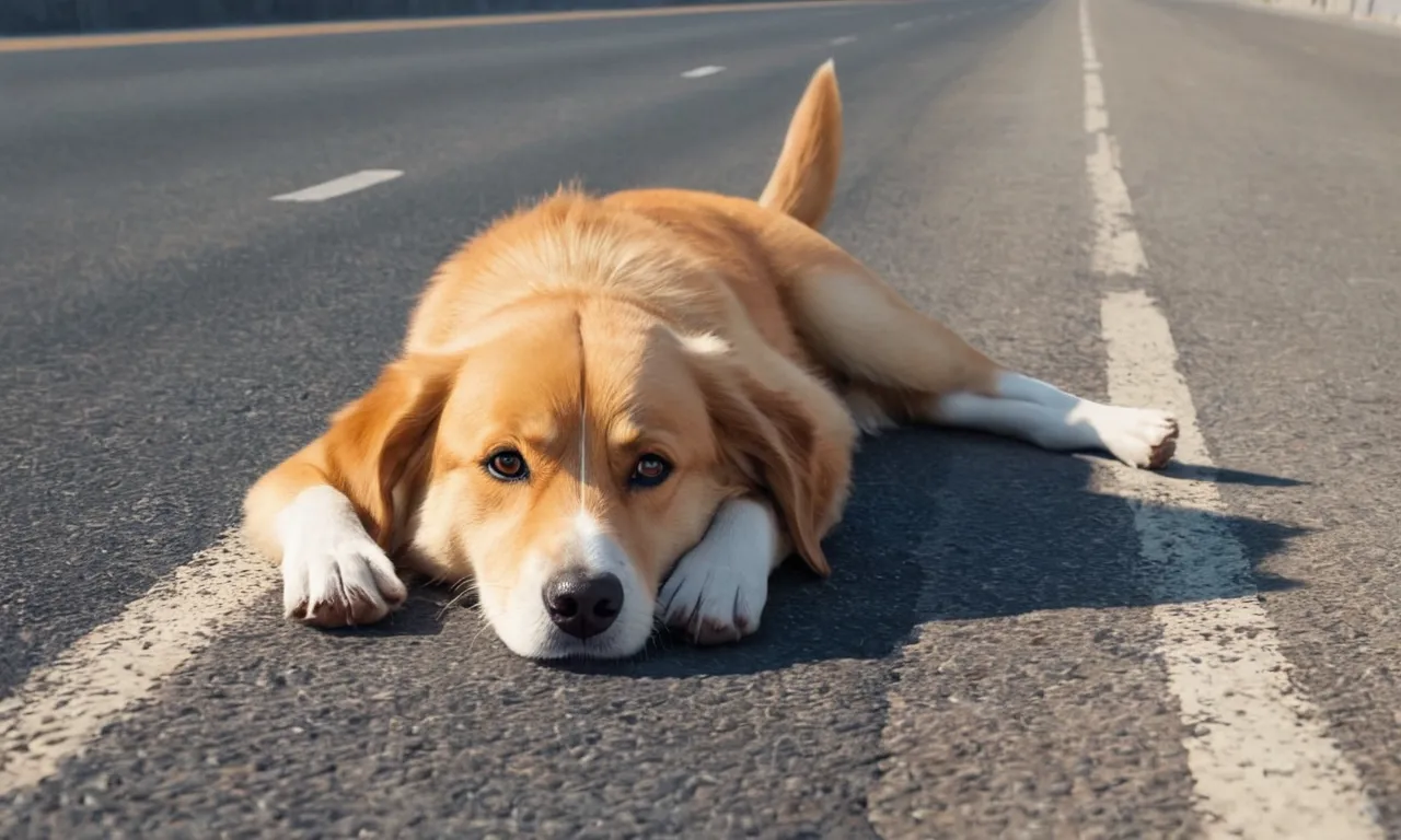 a brown and white dog laying on the side of a road