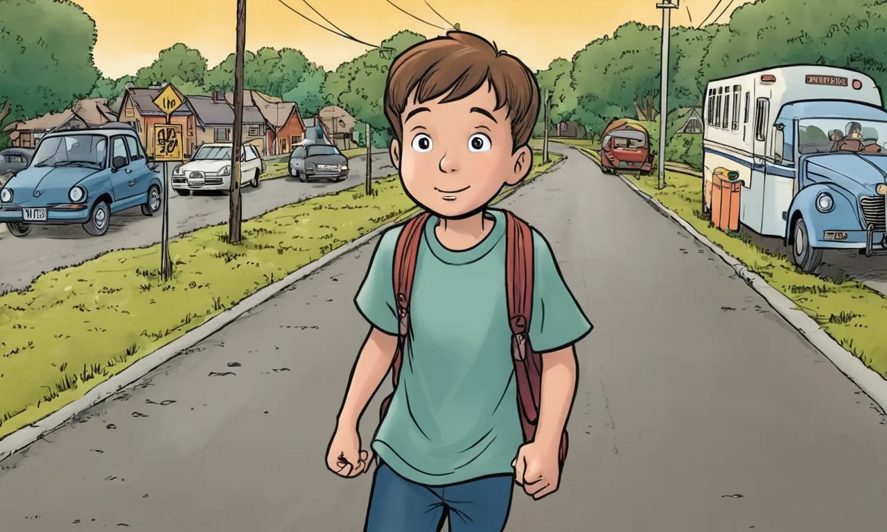 a boy is walking down the street in front of a bus