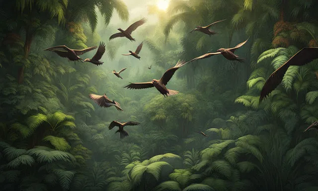 a painting of birds flying over a jungle