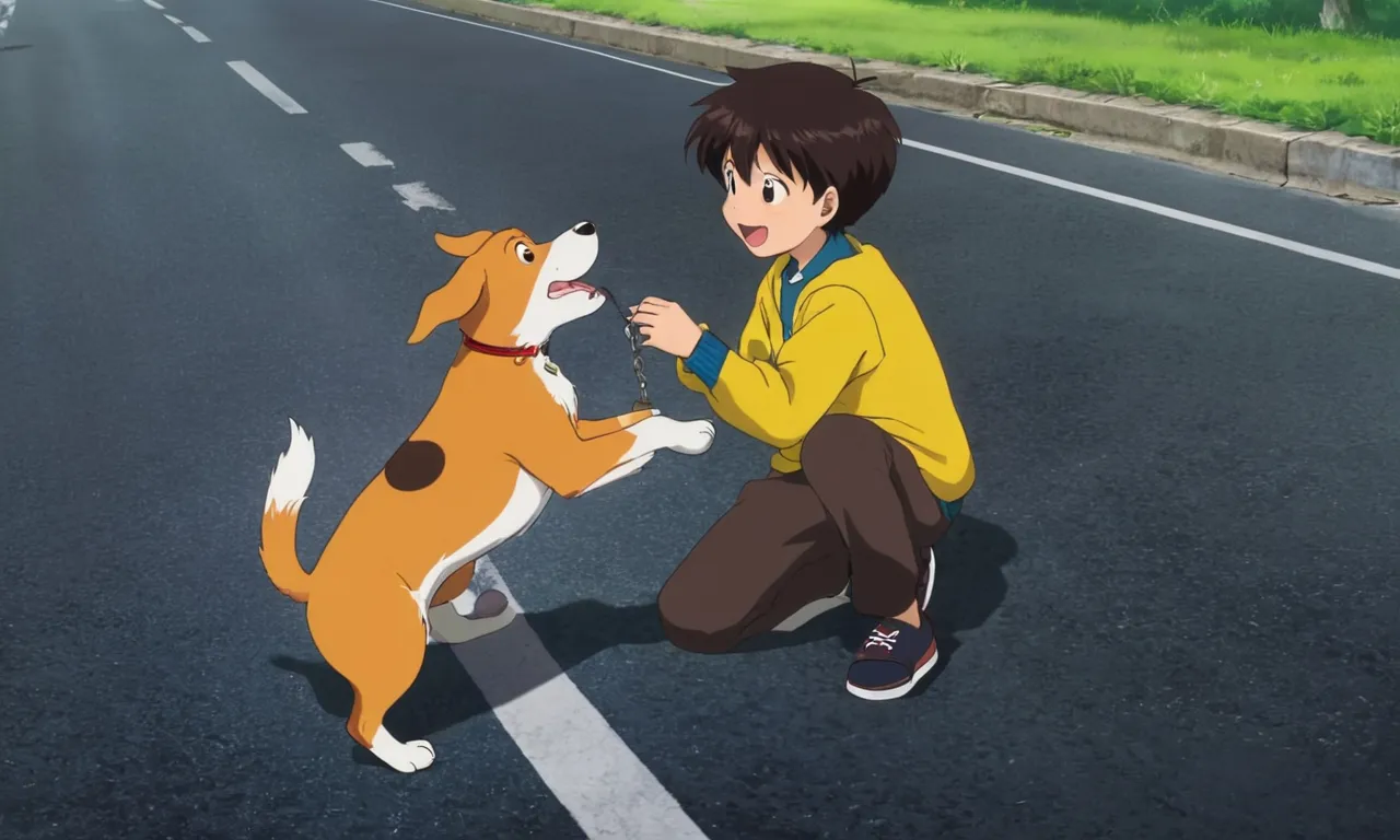 a boy kneeling down next to a dog on a road