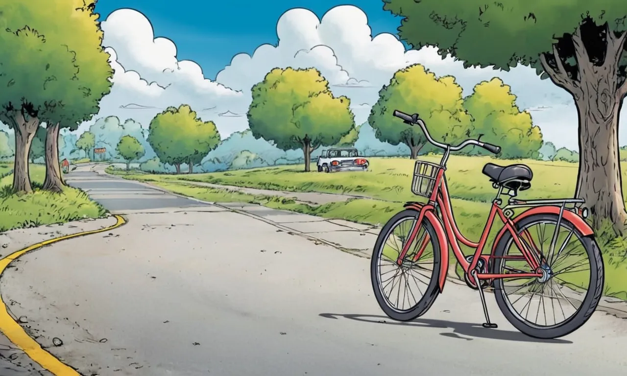 a red bike parked on the side of a road