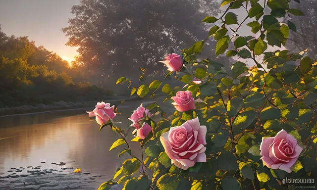 a bush of pink roses next to a body of water