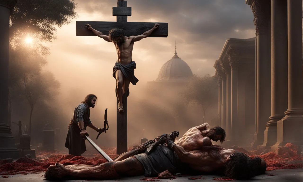 a man laying on the ground next to a crucifix