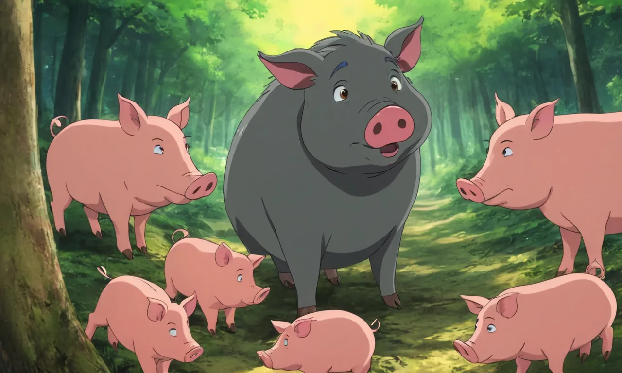 a group of pigs standing in a forest