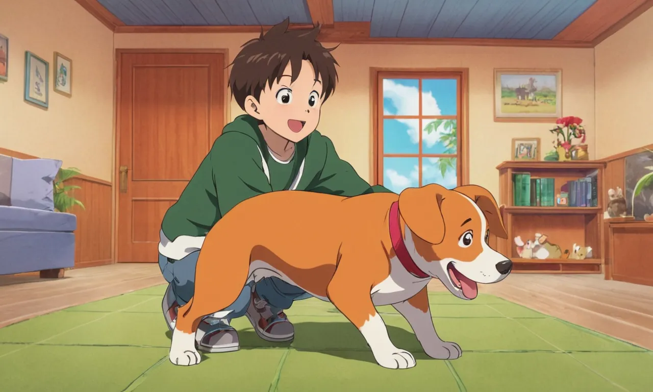 a boy kneeling down next to a brown and white dog