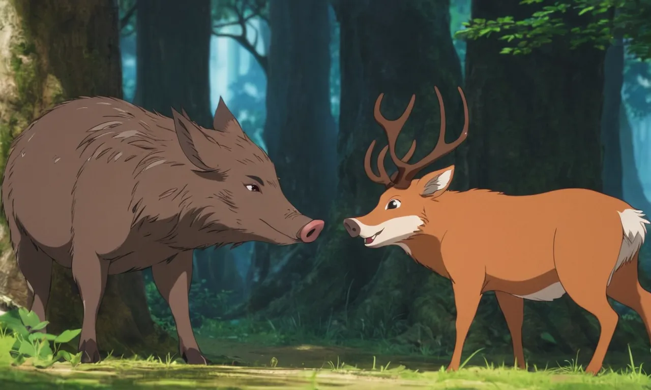 a couple of animals standing next to each other in a forest