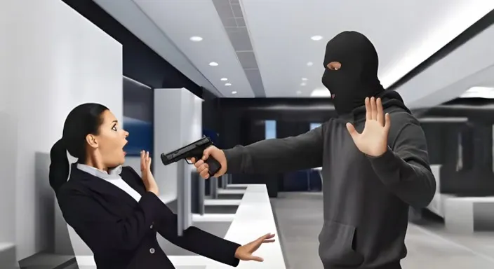 a woman holding a gun in front of a man in a mask