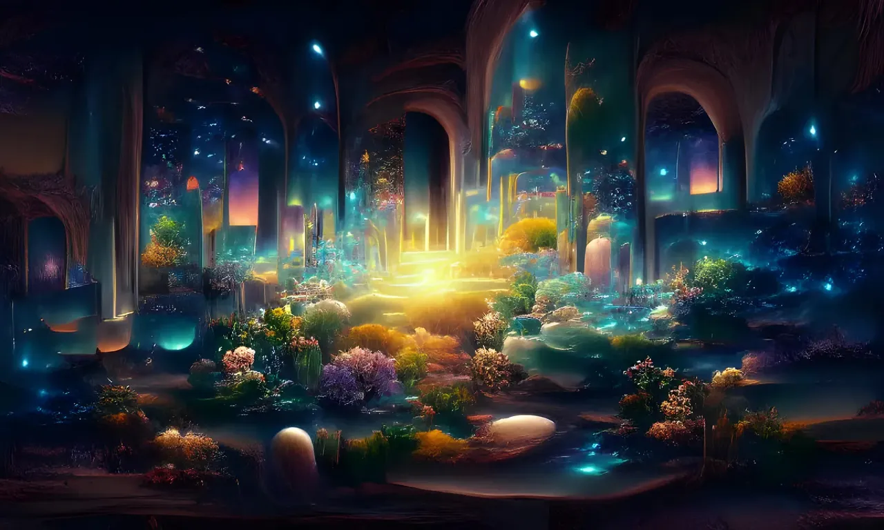 a fantasy scene with a fountain surrounded by plants