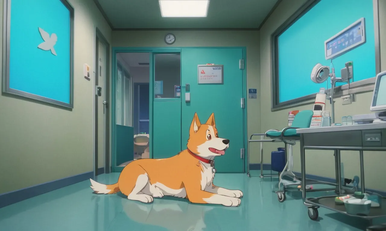 a dog sitting on the floor of a hospital